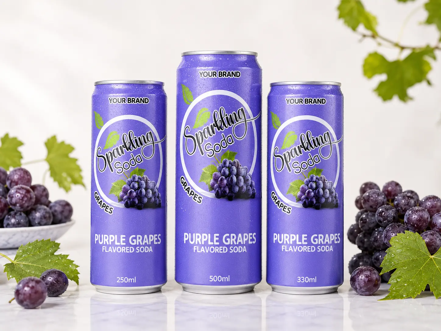 FUNCTIONAL SODA Purple Grapes Flavored Drink in 250ml, 330ml, and 500ml cans with fresh purple grapes around the display.